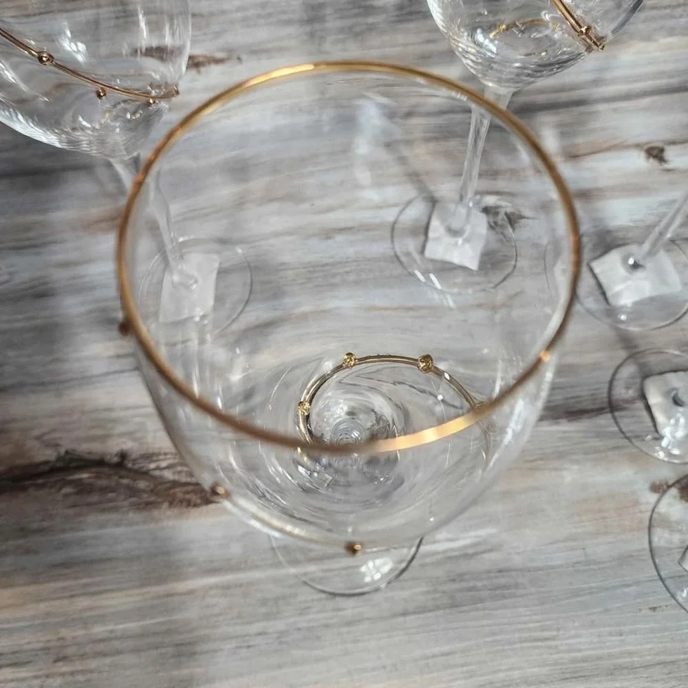 Pier 1 Gold Dot‎ Swirl Wine Goblets and Serving Bowl Set 7pc Mouth Blown Glass